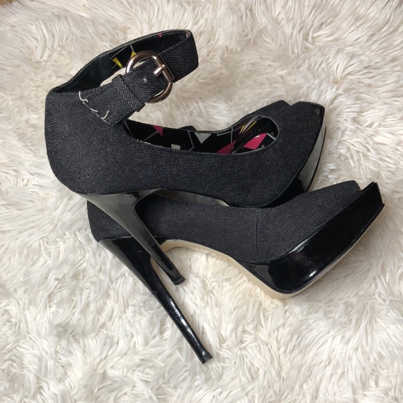 Bakers Denny Dark Denim Fabric  Platform Stilettos Ankle Strap Peep Toe Pump  7 - Picture 6 of 14